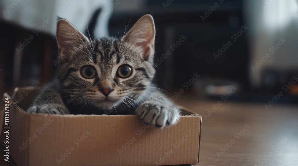 Poster a playful kitten resting in a small cardboard box with a curious expression.