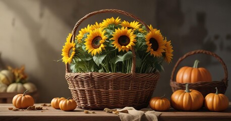 bunch of sunflowers and pumpkins in a wicker basket , harvest, wicker, autumn