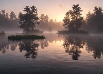 Shimmering ripples on a pond at dawn breaking through the fog, soft focus, dawn
