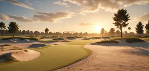Naklejka premium Backlit golf fairway with bunkers and sand traps, landscape, daylight, backlit fairway