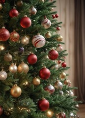 Decorated Christmas tree branches with ornaments, pinecones, Christmas trees, baubles