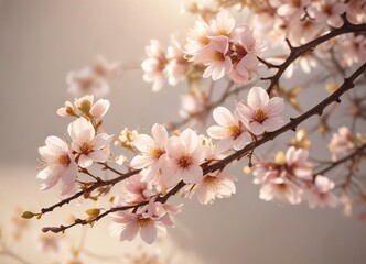 Delicate petals and branch details against a soft gradient background with warm sunlight filtering , botanical details , abstract background blooming apricot branches