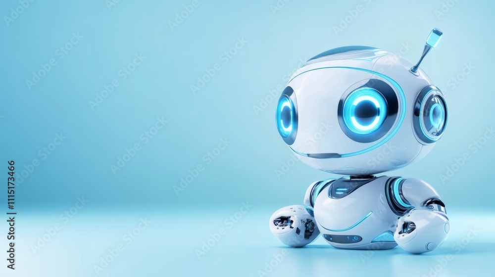 Poster 3d robot model with blue lights on empty color background