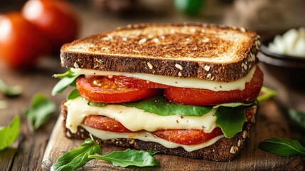 Grilled cheese sandwich with tomato and spinach on multigrain bread. Perfect for menus, blogs, or articles about healthy and delicious meals.