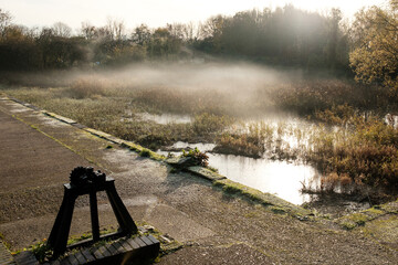 Morning mist covering middlesex filter beds nature reserve in london