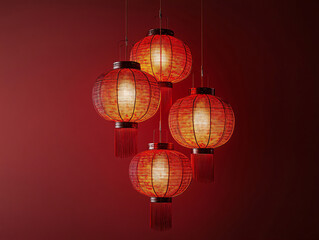 Obraz premium Glowing red traditional Chinese lanterns and lamps for celebration. Traditional Chinese red colored lanterns. 