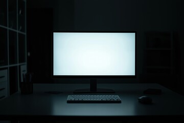 A minimalist desk setup with a blank white computer screen, keyboard, and mouse in a dimly lit room