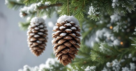 Snow-covered pinecone Christmas tree ornaments, evergreen trees, forest freshness, natural elements