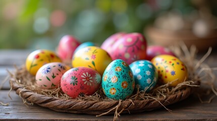 Fototapeta premium decorated Easter eggs displayed on a rustic wooden table, showcasing intricate designs and vibrant patterns, perfect for the holiday celebration