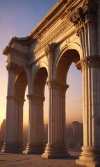 Obraz premium Details of the arches and columns on the Arch of Triumph at sunset , architectural ornamentation, golden light, stone carvings