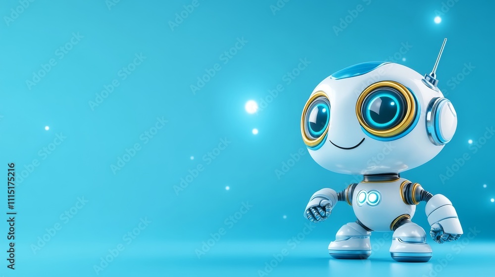 Poster friendly 3d robot model on vibrant blue background with empty space