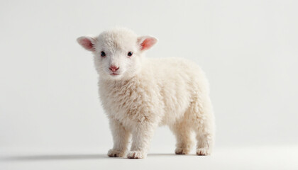 Fototapeta premium Cute fluffy lamb standing on a white background looking at the camera