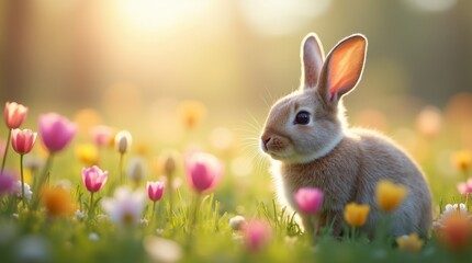 Obraz premium A cute and fluffy bunny sitting in a field of colorful flowers, capturing the essence of spring and the joy of Easter
