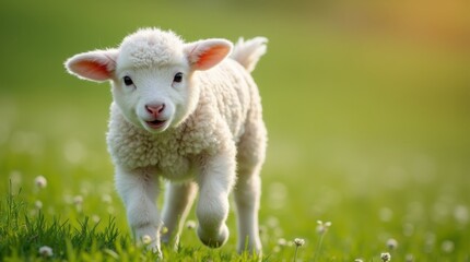 Obraz premium A cute lamb frolicking in a green meadow, showcasing its fluffy wool and playful nature, embodying the spirit of spring and new life