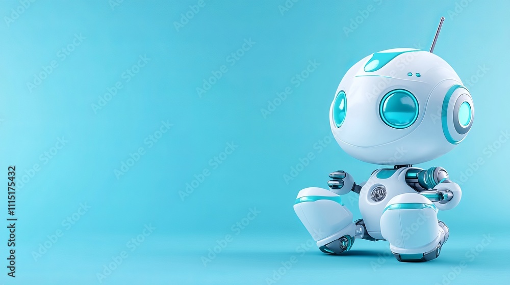 Poster cute 3d robot model on empty blue background with soft lighting