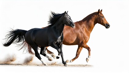 Fototapeta premium running brown horse and black horse isolated on white background
