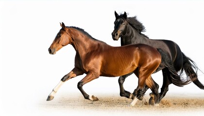 Obraz premium running brown horse and black horse isolated on white background