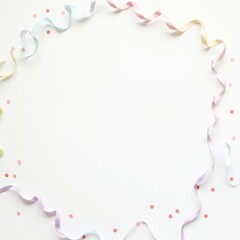 Obraz premium A minimalist arrangement of pastel-colored confetti and streamers scattered across a clean white background, with neat and simple composition.
