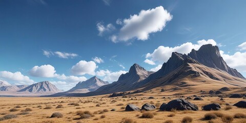 A clear blue sky with a few wispy clouds and a distant hill in the background, countryside, peaceful atmosphere