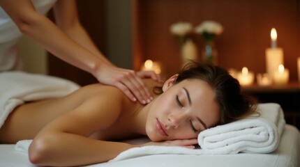 Obraz premium Young European woman enjoying relaxation atmosphere during full body massage at spa, room decorated with candles, side view