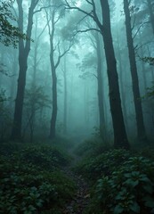 Obraz premium Forest floor covered in mist and overgrown vegetation with faintly lit trees, ambient light, foliage density