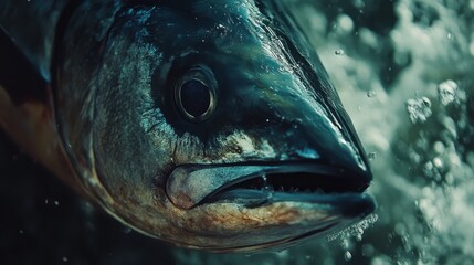 Close-up of a dark, glistening tuna's head. Perfect for illustrating fishing, seafood, or ocean life.