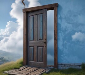 A misty cloud-covered sky above a worn wooden door of a blue house perched on a hill , cloudy, doorway