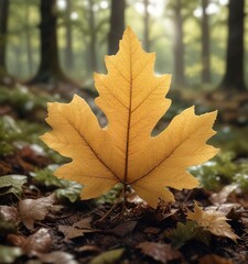 The soft focus of the camera captures an oak leaf on the forest floor, emphasizing its intricate details and subtle beauty , autumn colors,