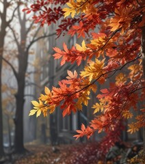 A small branch covered in a thick layer of colorful autumn leaves, forest scenery, nature scenery