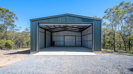 Obraz premium Modern Metal Storage Shed in Rural Setting 