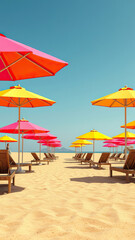 Fototapeta premium Colorful beach umbrellas and lounge chairs scattered along a sandy beach, lounge chair, relaxation, vacation, sand, colorful