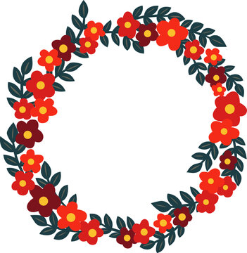 Red florwer with bunch of leaves wreath frame for decoration on romance, wedding and Chinese new year.