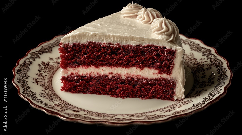 Wall mural A slice of red velvet cake with white frosting and swirls. On a white plate.