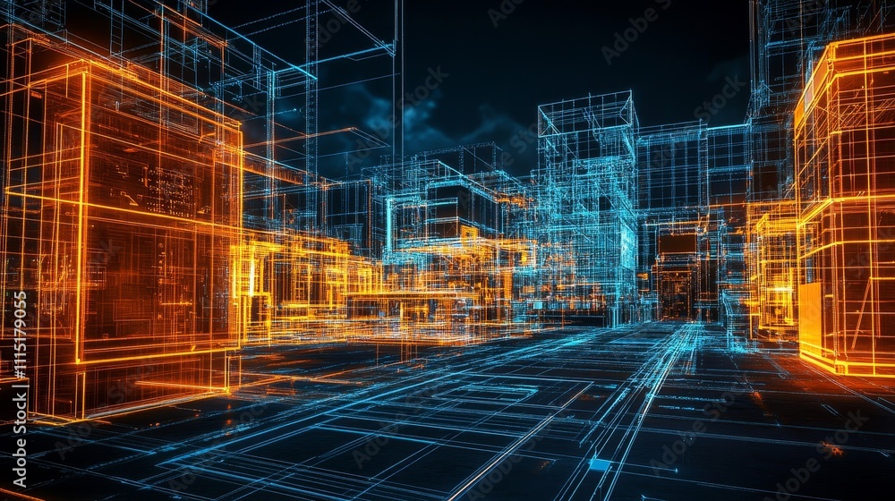 Poster exploring a futuristic cityscape with glowing blue and orange lines defining intricate structures an