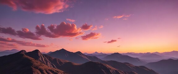 The outline of a range of hills against a stunning sunset sky with hues of pink and orange, vibrant colors, sunsets