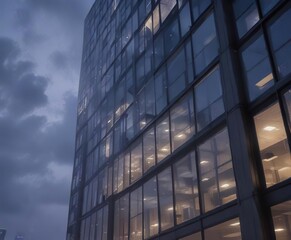 Fototapeta premium Cloudy sky and foggy windowpane of a high-rise office building at twilight , city life, urban, twilight hours