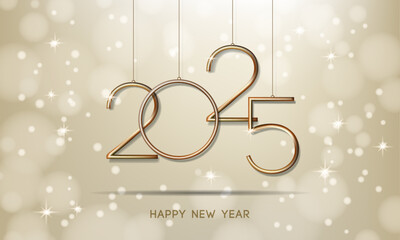 Happy New Year 2025 Typography Logo Design with golden bokeh light.  Vector illustration.