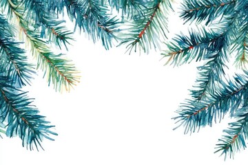 Watercolor Pine Tree Branches Frame on isolated white background