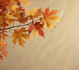 Fototapeta premium Autumn maple branch with leaves isolated on a warm beige background, autumn colors, tree branch
