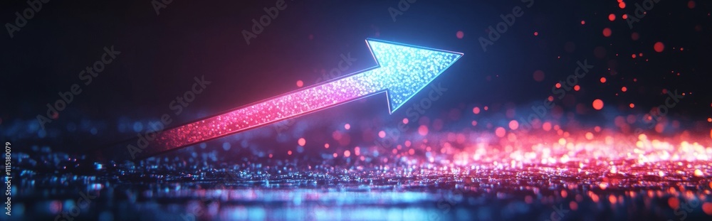 Aufkleber vibrant neon arrow illuminated with sparkling particles moves forward across a glossy surface in a d