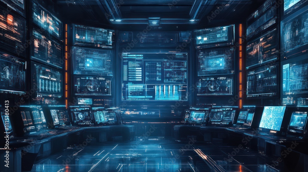Poster futuristic control room with monitors displaying data