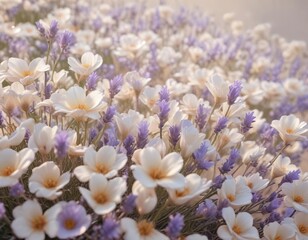Obraz premium Softly glowing cream-colored petals blend with pale lavender hues to create an enchanting ambiance, lavender, natural serenity