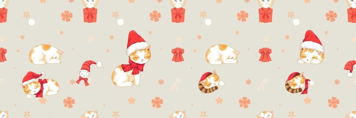 Fototapeta premium Christmas-themed seamless pattern featuring cute kittens wearing Santa Claus hats and sleeping on a calico background, perfect for gift wrapping paper or wallpaper design, Christmas, calico