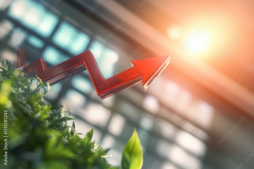 Aufkleber image of a rising graph with an arrow a red arrow graph sharply focused as it ascends diagonally acr