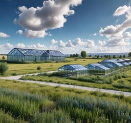 A picturesque scene of a rural field with a few modern glass houses and a clear blue cloudy sky above, blue sky, countryside, houses