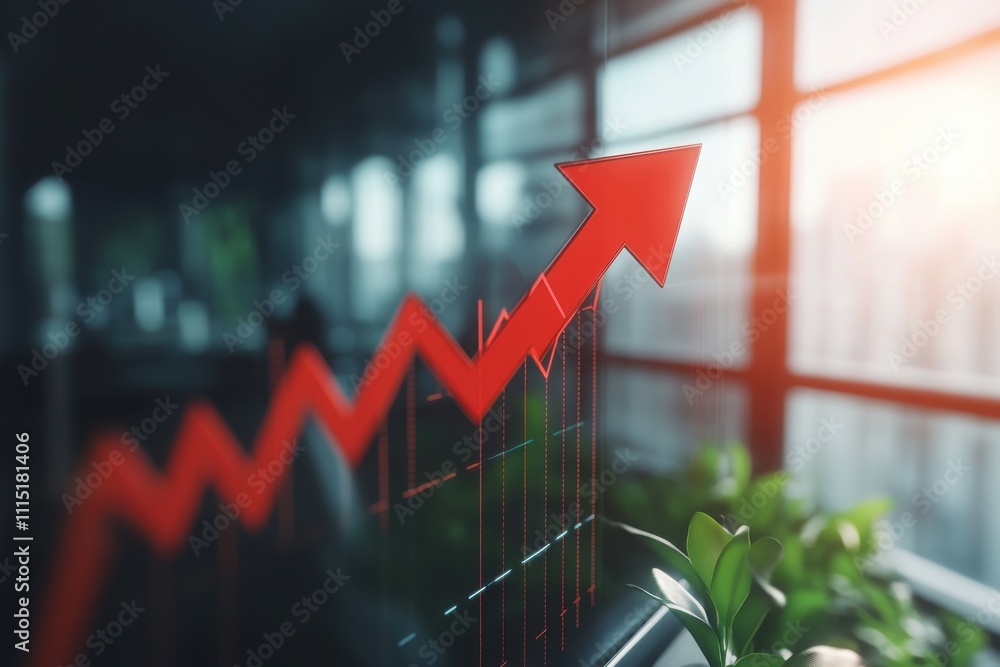 Poster image of a rising graph with an arrow a red arrow graph sharply focused as it ascends diagonally acr