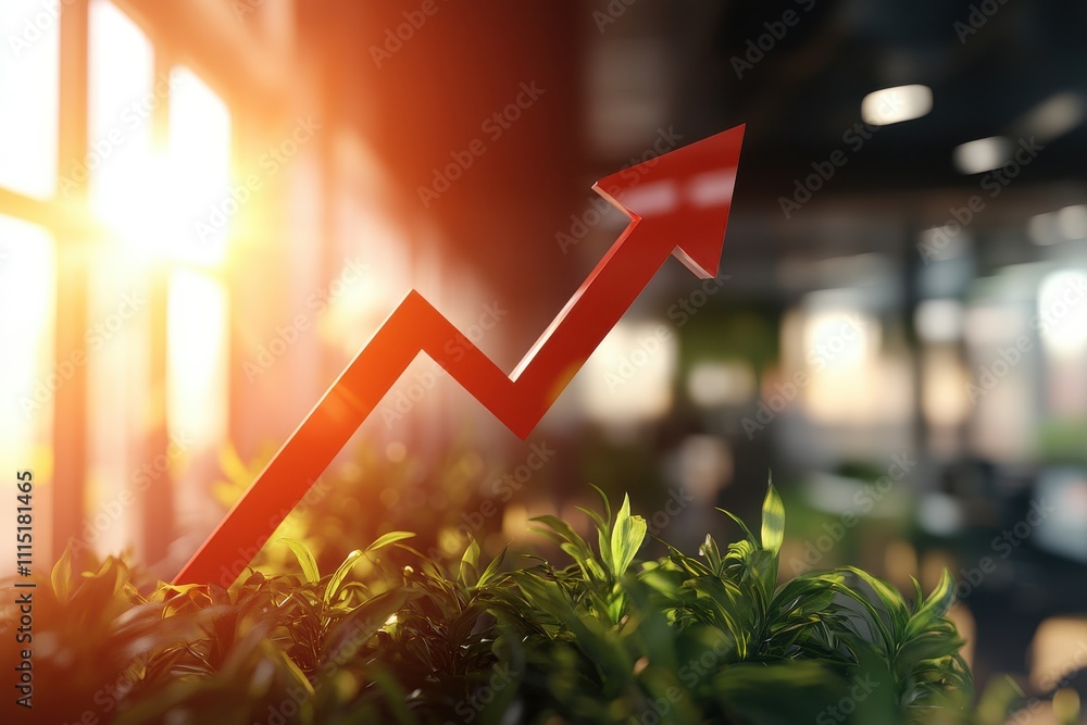Poster image of a rising graph with an arrow a red arrow graph sharply focused as it ascends diagonally acr