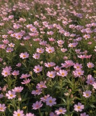 Obraz premium A field of delicate pink wildflowers with yellow markings on their petals , flower photography , wildflower fields