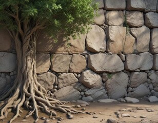 weathered stone wall with roots growing through, natural vegetation growth, roots on stones, rugged scenery