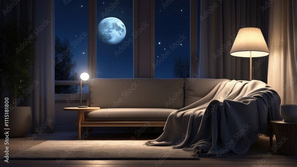 Poster moonlight and a lamp on a table in a nighttime house. blanket on a couch. rendering in three dimensi